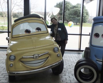 Friendly car & Marcy getting acquainted in Pixar lobby (Photo: Torill Kove)