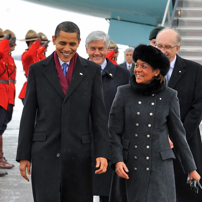 GG2009-0047-001 February 19, 2009, Canadian Reception Center, Ottawa, Ontario, CanadaTheir Excellencies, the Right Honourable Michalle Jean, Governor General of Canada and Jean-Daniel Lafond are welcoming the President of the United States of America, The Honourable Barack H. Obama at the Canadian Reception Center of the Ottawa Airport, in Ottawa on February 19, 2009.Credit: Sgt Serge Gouin, Rideau Hall, OSGG