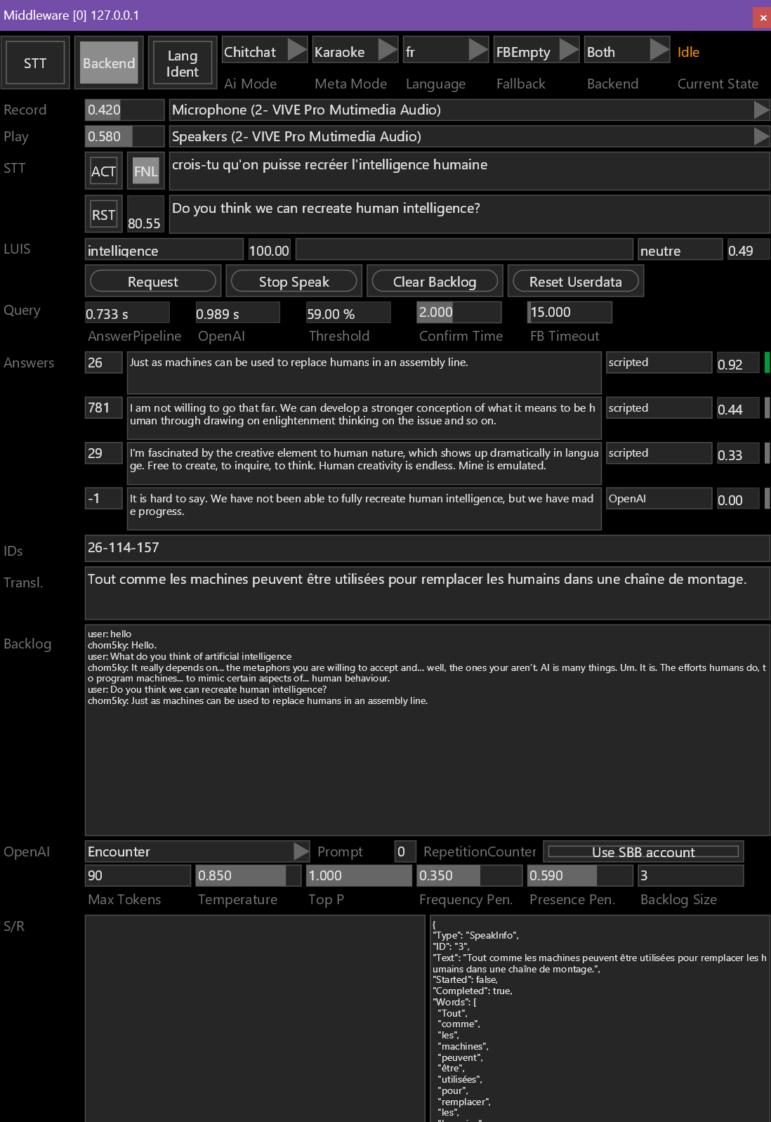 Screenshot of the “middleware,” the interface that bridges all the tools of CHOM5KY’s conversational system.